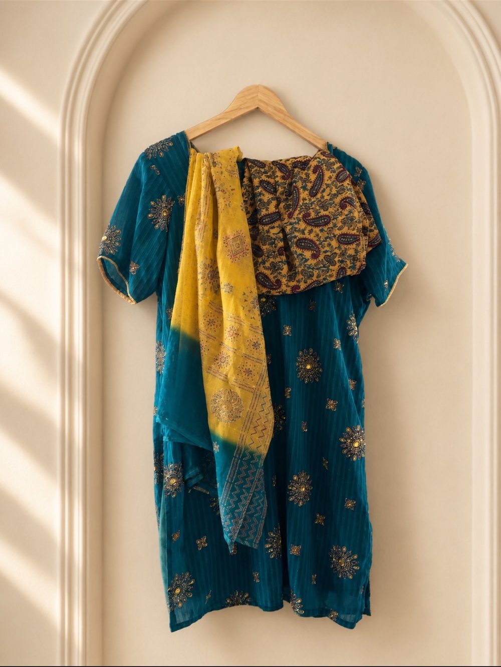 Teal Floral Printed Kurta Set with Mustard Dupatta - Picture 2 of 2